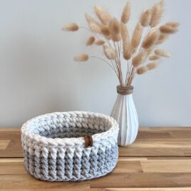 Häkelkorb Makramee Oval Grey/White klein